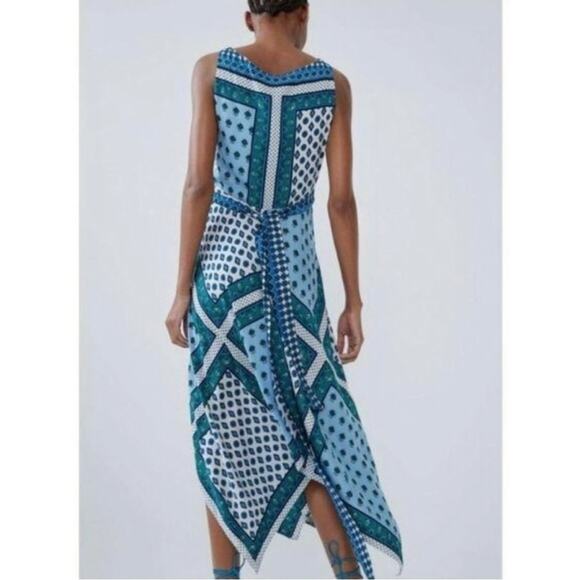 Zara Hanky Scarf Bandana Print Flowy Assymetrical Wrap Midi Dress Blue size XS - Picture 3 of 10